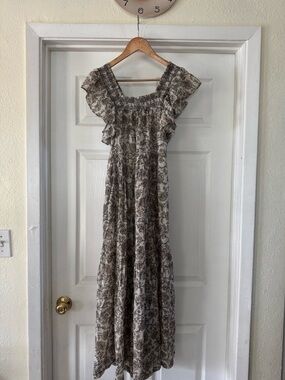 Free People Cream and Black Floral Smocked Top